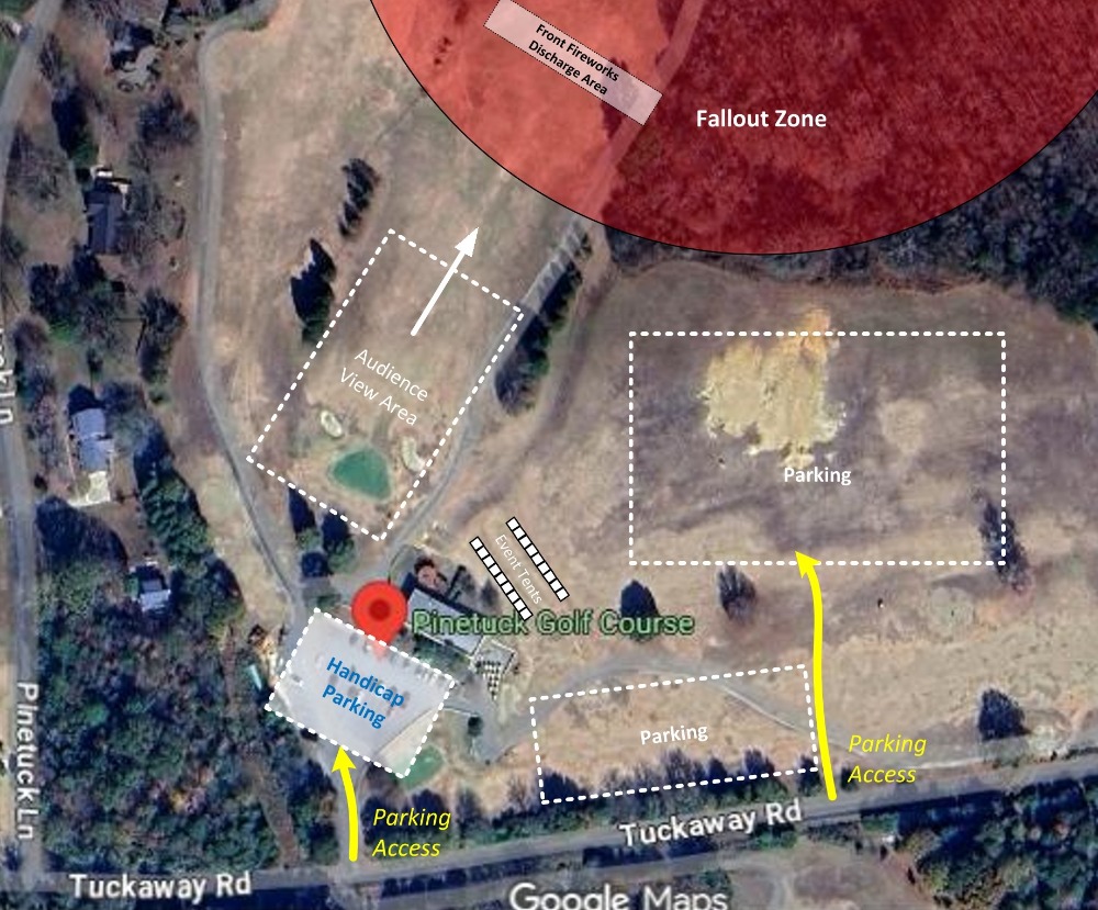 Pinetuck Golf Course event site map showing audience view area, event tents, parking areas, handicap parking, and fireworks discharge zone